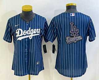 Women%27s Los Angeles Dodgers Big Logo Navy Blue Pinstripe Stitched MLB Cool Base Nike Jerseys